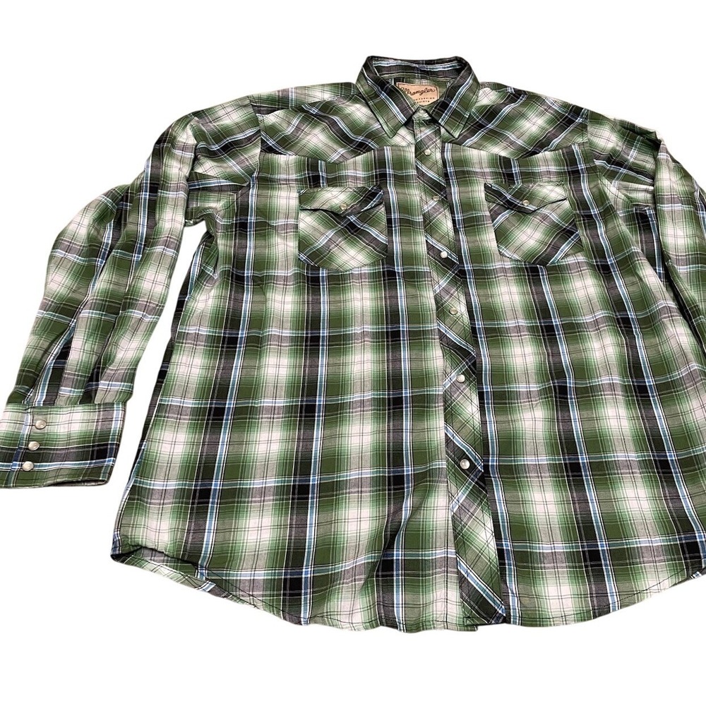 Wrangler Wrancher Western Pearl snap Bush Popper Mens XL Green Plaid Long Sleeve - Picture 3 of 6